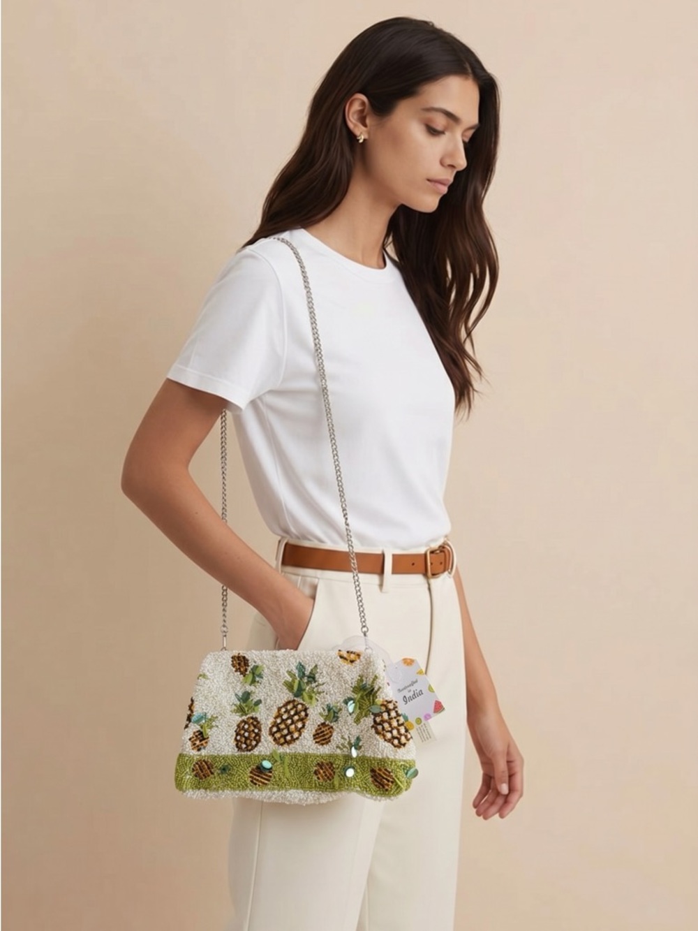 Beaded Pineapple Motif Clutch/Crossbody Bag - Green & White - Picture 13 of 15